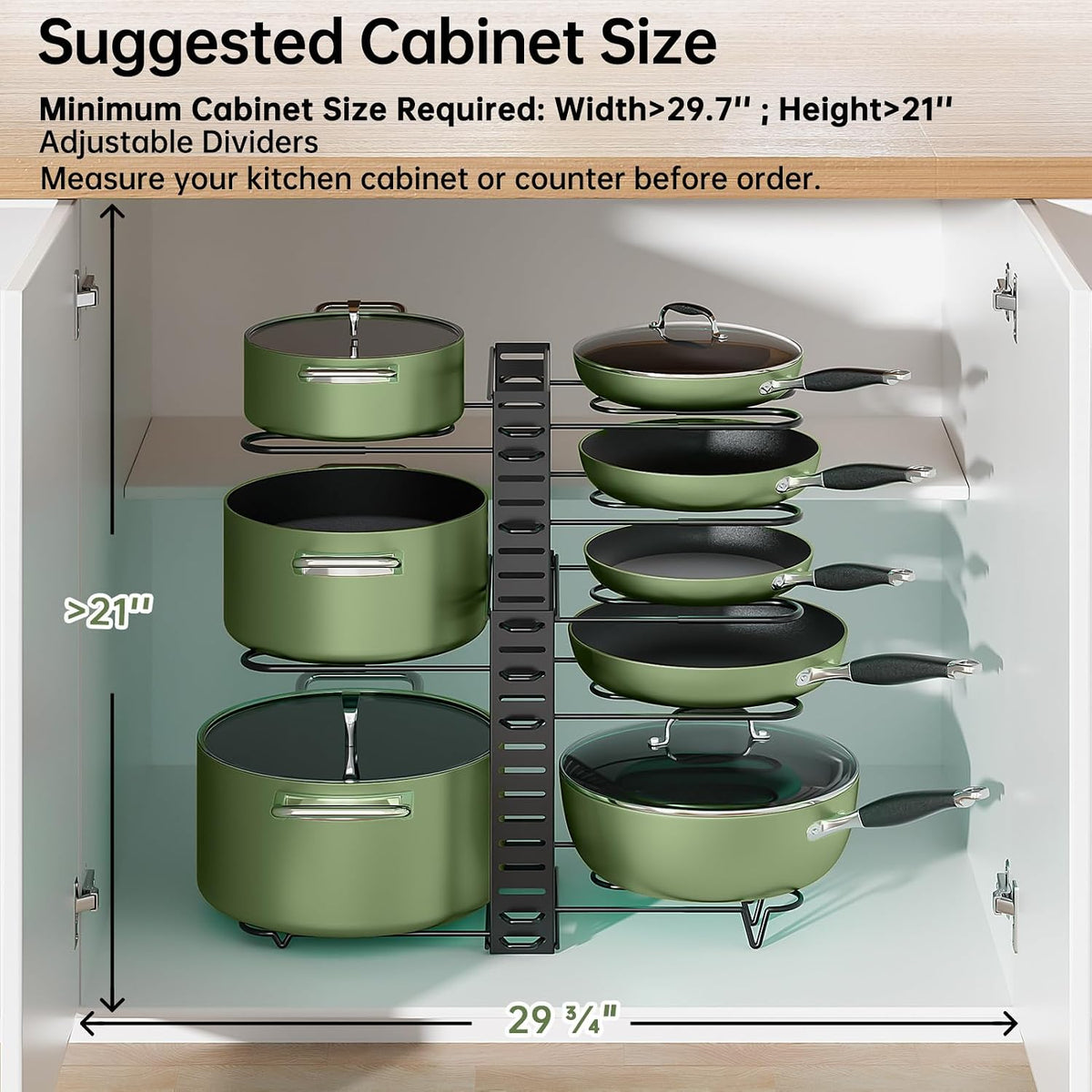 8-Tier Lightweight Pots and Pans Organizer under Cabinet, 14.55" H | 3 DIY Methods, Adjustable pot rack, Fits 6"-11" pots and pans, Pot lid organizer inside cabinet, Kitchen storage