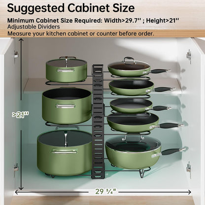 8-Tier Lightweight Pots and Pans Organizer under Cabinet, 14.55" H | 3 DIY Methods, Adjustable pot rack, Fits 6"-11" pots and pans, Pot lid organizer inside cabinet, Kitchen storage