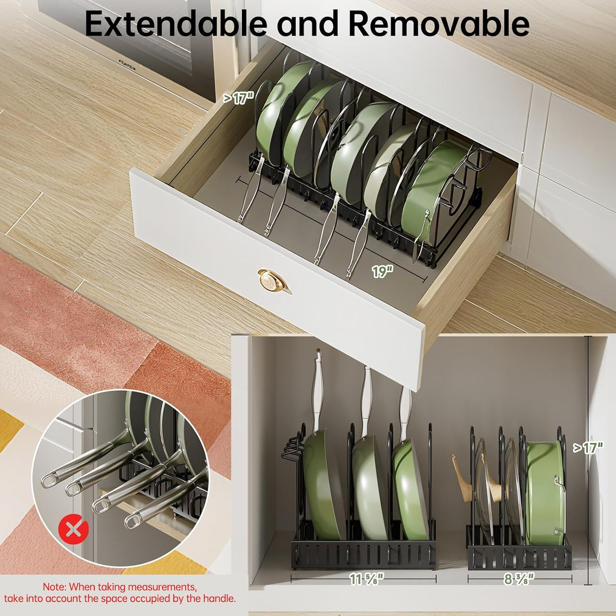 8-Tier Lightweight Pots and Pans Organizer under Cabinet, 14.55" H | 3 DIY Methods, Adjustable pot rack, Fits 6"-11" pots and pans, Pot lid organizer inside cabinet, Kitchen storage