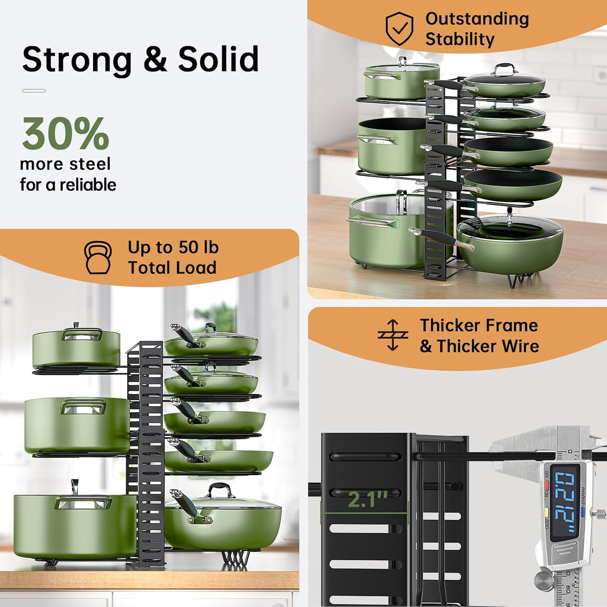8-Tier Lightweight Pots and Pans Organizer under Cabinet, 14.55" H | 3 DIY Methods, Adjustable pot rack, Fits 6"-11" pots and pans, Pot lid organizer inside cabinet, Kitchen storage
