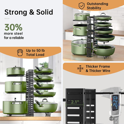 8-Tier Lightweight Pots and Pans Organizer under Cabinet, 14.55" H | 3 DIY Methods, Adjustable pot rack, Fits 6"-11" pots and pans, Pot lid organizer inside cabinet, Kitchen storage