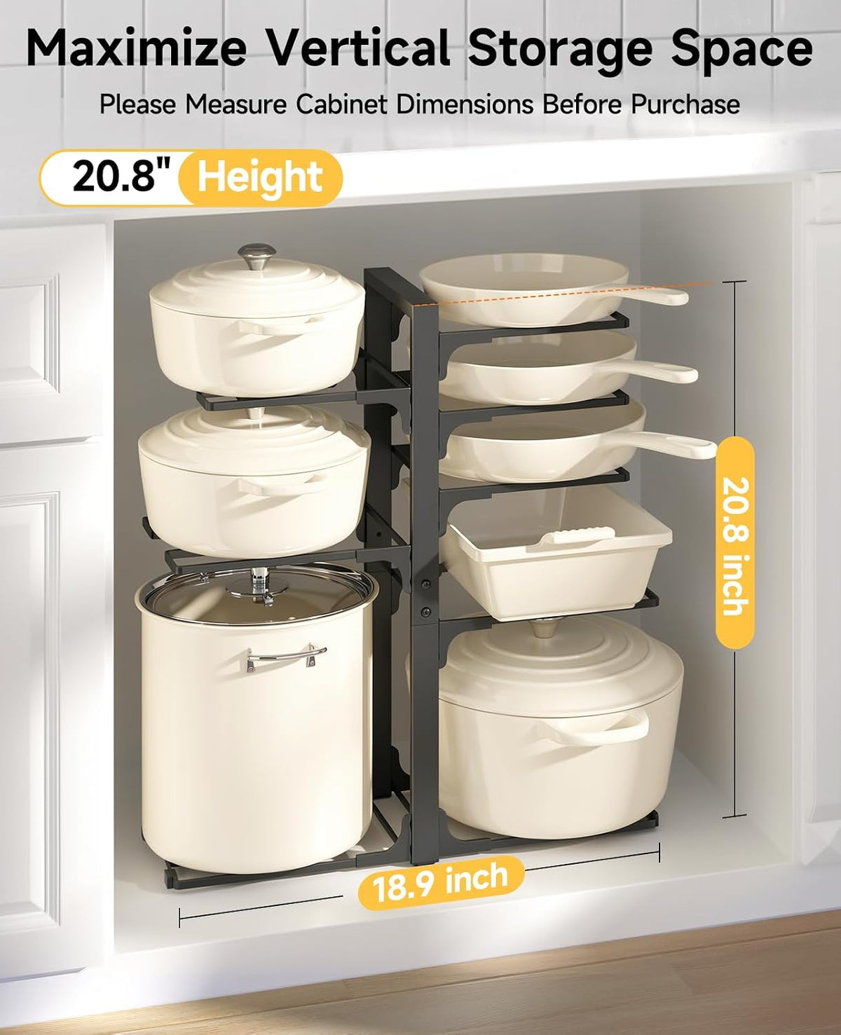 8-Tier Lightweight Pots and Pans Organizer under Cabinet, 14.55" H | 3 DIY Methods, Adjustable pot rack, Fits 6"-11" pots and pans, Pot lid organizer inside cabinet, Kitchen storage