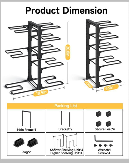 8-Tier Lightweight Pots and Pans Organizer under Cabinet, 14.55" H | 3 DIY Methods, Adjustable pot rack, Fits 6"-11" pots and pans, Pot lid organizer inside cabinet, Kitchen storage