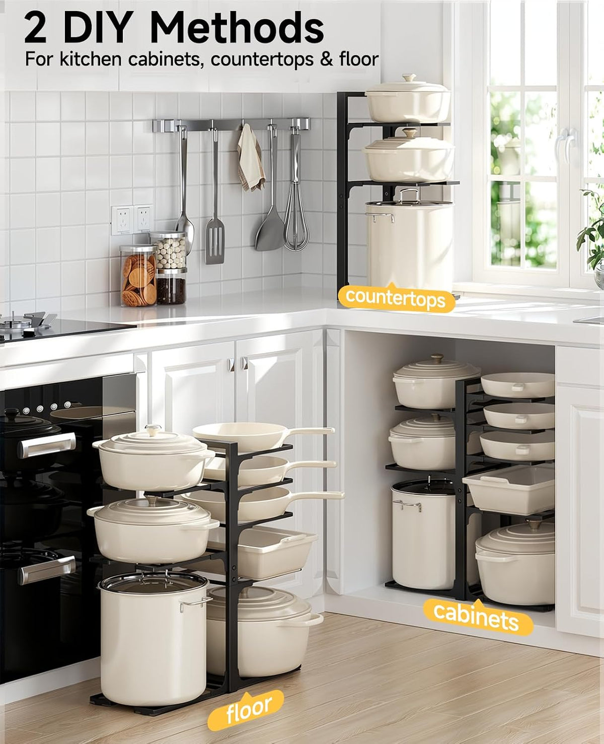 8-Tier Lightweight Pots and Pans Organizer under Cabinet, 14.55" H | 3 DIY Methods, Adjustable pot rack, Fits 6"-11" pots and pans, Pot lid organizer inside cabinet, Kitchen storage