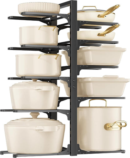 8-Tier Lightweight Pots and Pans Organizer under Cabinet, 14.55" H | 3 DIY Methods, Adjustable pot rack, Fits 6"-11" pots and pans, Pot lid organizer inside cabinet, Kitchen storage