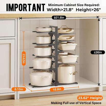 8-Tier Lightweight Pots and Pans Organizer under Cabinet, 14.55" H | 3 DIY Methods, Adjustable pot rack, Fits 6"-11" pots and pans, Pot lid organizer inside cabinet, Kitchen storage