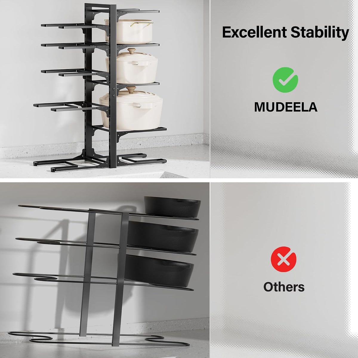 8-Tier Lightweight Pots and Pans Organizer under Cabinet, 14.55" H | 3 DIY Methods, Adjustable pot rack, Fits 6"-11" pots and pans, Pot lid organizer inside cabinet, Kitchen storage