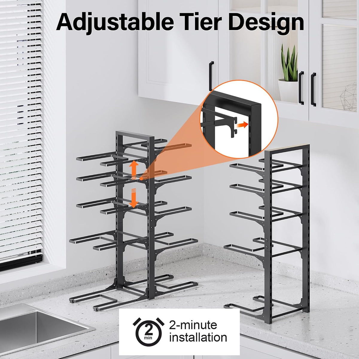 8-Tier Lightweight Pots and Pans Organizer under Cabinet, 14.55" H | 3 DIY Methods, Adjustable pot rack, Fits 6"-11" pots and pans, Pot lid organizer inside cabinet, Kitchen storage