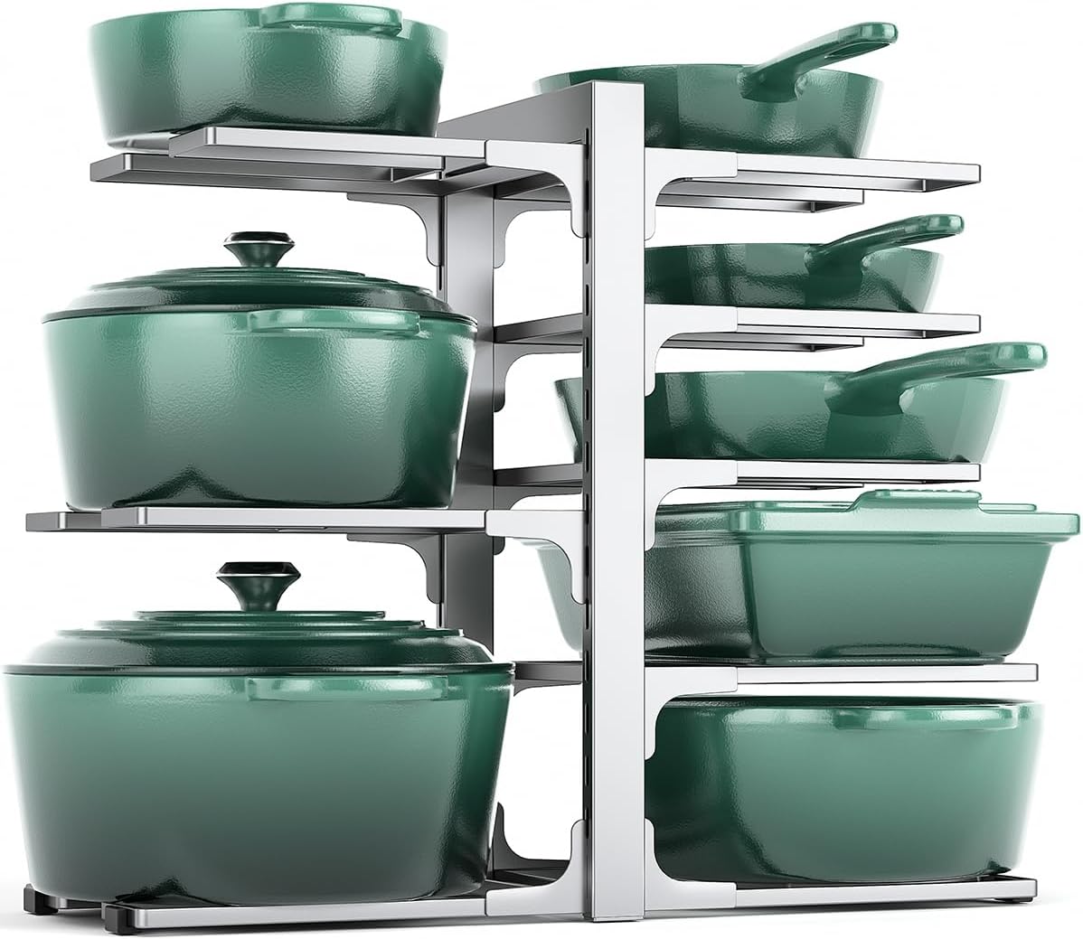 8-Tier Lightweight Pots and Pans Organizer under Cabinet, 14.55" H | 3 DIY Methods, Adjustable pot rack, Fits 6"-11" pots and pans, Pot lid organizer inside cabinet, Kitchen storage