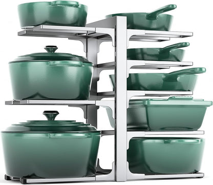 8-Tier Lightweight Pots and Pans Organizer under Cabinet, 14.55" H | 3 DIY Methods, Adjustable pot rack, Fits 6"-11" pots and pans, Pot lid organizer inside cabinet, Kitchen storage