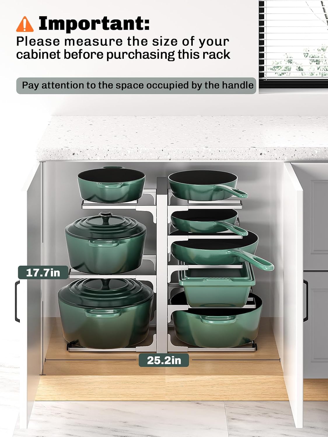 8-Tier Lightweight Pots and Pans Organizer under Cabinet, 14.55" H | 3 DIY Methods, Adjustable pot rack, Fits 6"-11" pots and pans, Pot lid organizer inside cabinet, Kitchen storage