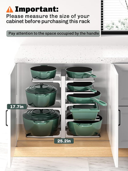 8-Tier Lightweight Pots and Pans Organizer under Cabinet, 14.55" H | 3 DIY Methods, Adjustable pot rack, Fits 6"-11" pots and pans, Pot lid organizer inside cabinet, Kitchen storage