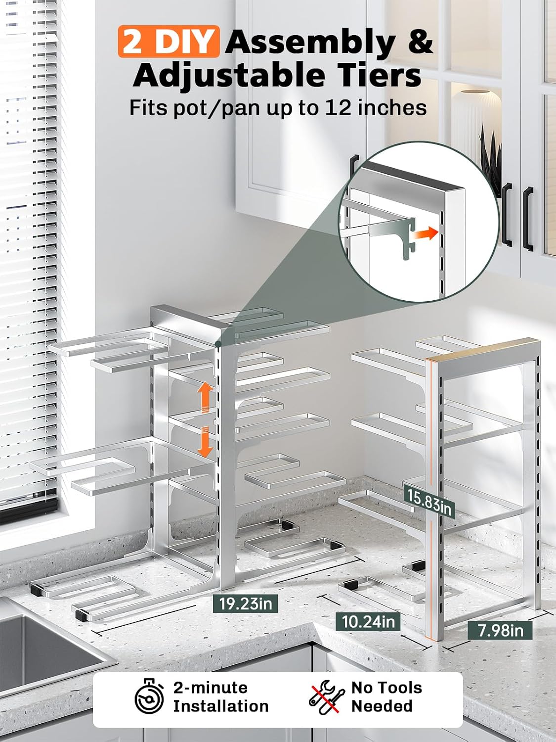 8-Tier Lightweight Pots and Pans Organizer under Cabinet, 14.55" H | 3 DIY Methods, Adjustable pot rack, Fits 6"-11" pots and pans, Pot lid organizer inside cabinet, Kitchen storage