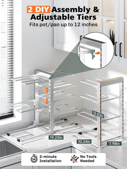 8-Tier Lightweight Pots and Pans Organizer under Cabinet, 14.55" H | 3 DIY Methods, Adjustable pot rack, Fits 6"-11" pots and pans, Pot lid organizer inside cabinet, Kitchen storage