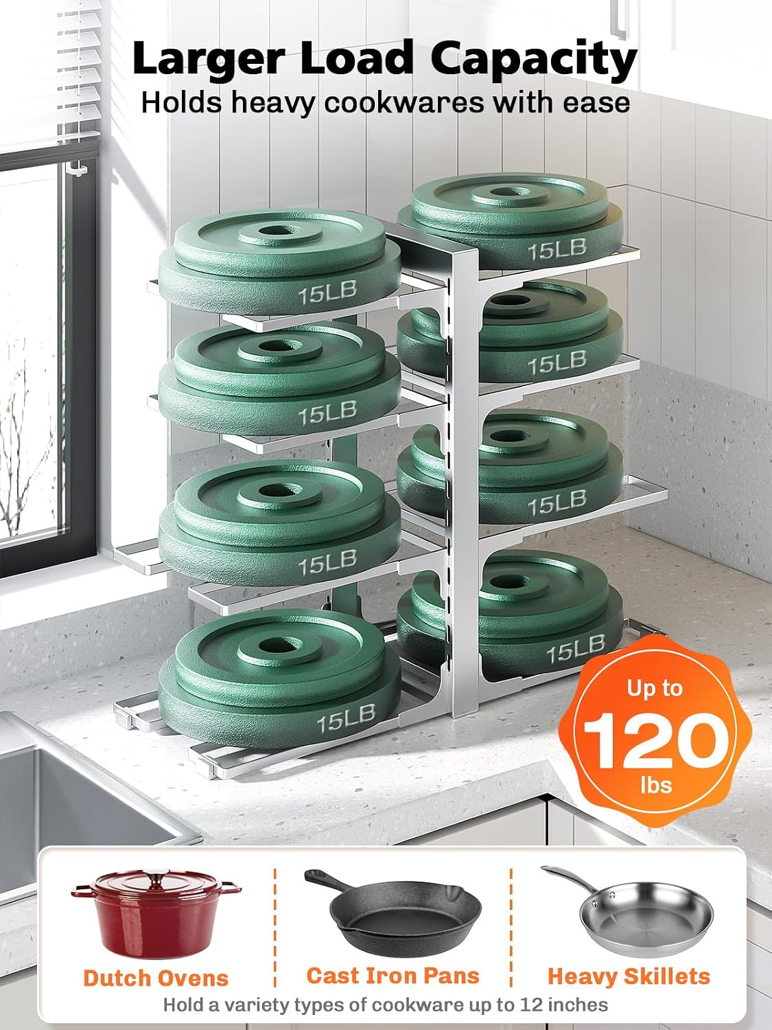 8-Tier Lightweight Pots and Pans Organizer under Cabinet, 14.55" H | 3 DIY Methods, Adjustable pot rack, Fits 6"-11" pots and pans, Pot lid organizer inside cabinet, Kitchen storage