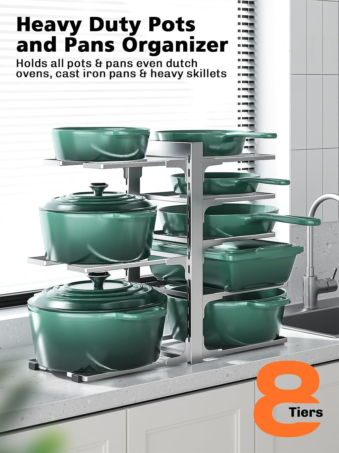 8-Tier Lightweight Pots and Pans Organizer under Cabinet, 14.55" H | 3 DIY Methods, Adjustable pot rack, Fits 6"-11" pots and pans, Pot lid organizer inside cabinet, Kitchen storage