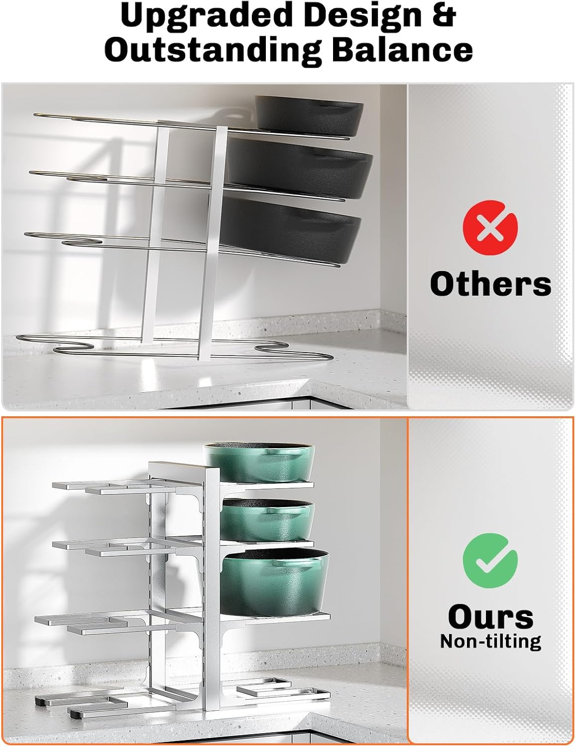 8-Tier Lightweight Pots and Pans Organizer under Cabinet, 14.55" H | 3 DIY Methods, Adjustable pot rack, Fits 6"-11" pots and pans, Pot lid organizer inside cabinet, Kitchen storage