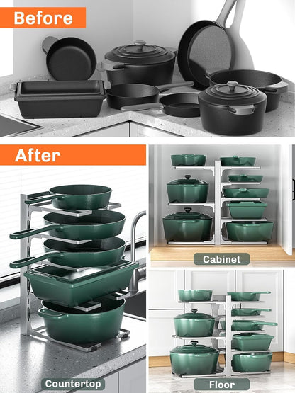 8-Tier Lightweight Pots and Pans Organizer under Cabinet, 14.55" H | 3 DIY Methods, Adjustable pot rack, Fits 6"-11" pots and pans, Pot lid organizer inside cabinet, Kitchen storage