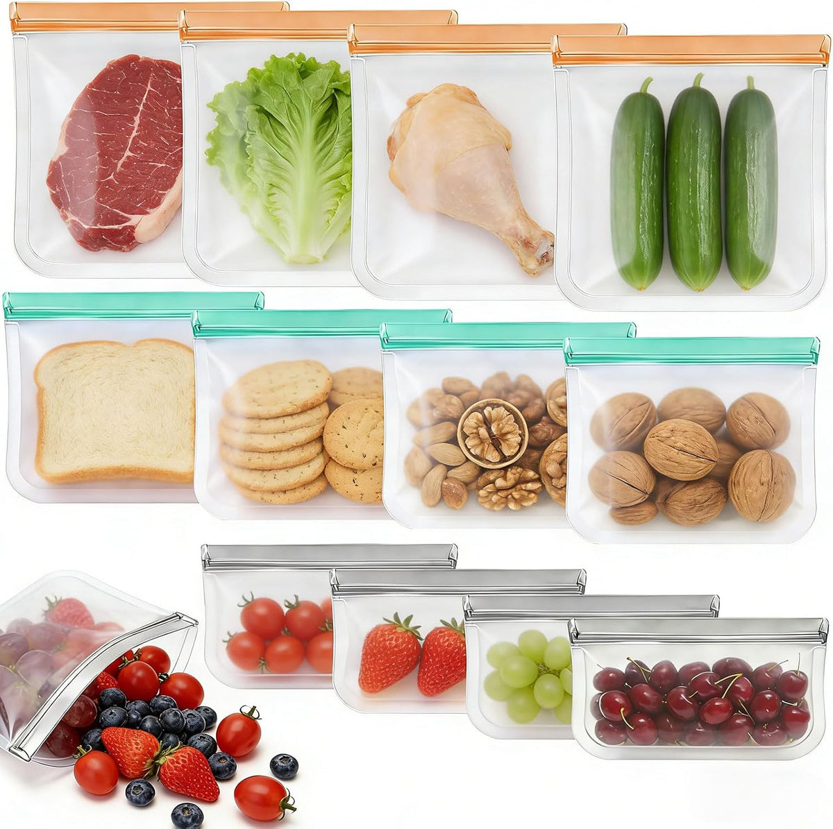 12 Pack Silicone Bags for Food Storage,Freezer & Dishwasher Safe,Leakproof Food Storage Bags,Reusable Freezer Ziploc Bags,Sandwich Snack Baggies-4 Gallon 4 Snack 4 Sandwich Bags,3 Colors