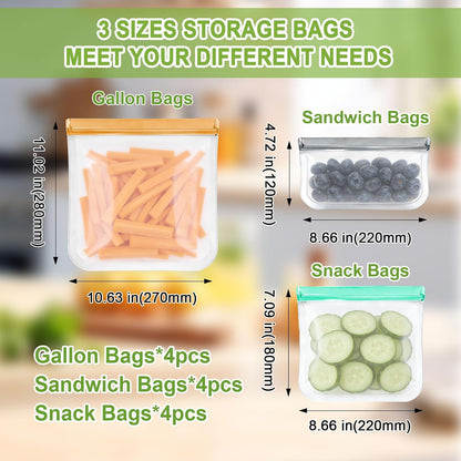 12 Pack Silicone Bags for Food Storage,Freezer & Dishwasher Safe,Leakproof Food Storage Bags,Reusable Freezer Ziploc Bags,Sandwich Snack Baggies-4 Gallon 4 Snack 4 Sandwich Bags,3 Colors