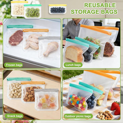 12 Pack Silicone Bags for Food Storage,Freezer & Dishwasher Safe,Leakproof Food Storage Bags,Reusable Freezer Ziploc Bags,Sandwich Snack Baggies-4 Gallon 4 Snack 4 Sandwich Bags,3 Colors