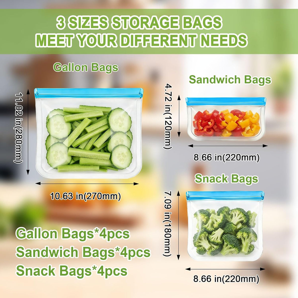 12 Pack Silicone Bags for Food Storage,Freezer & Dishwasher Safe,Leakproof Food Storage Bags,Reusable Freezer Ziploc Bags,Sandwich Snack Baggies-4 Gallon 4 Snack 4 Sandwich Bags,3 Colors