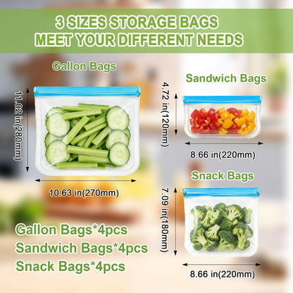 12 Pack Silicone Bags for Food Storage,Freezer & Dishwasher Safe,Leakproof Food Storage Bags,Reusable Freezer Ziploc Bags,Sandwich Snack Baggies-4 Gallon 4 Snack 4 Sandwich Bags,3 Colors