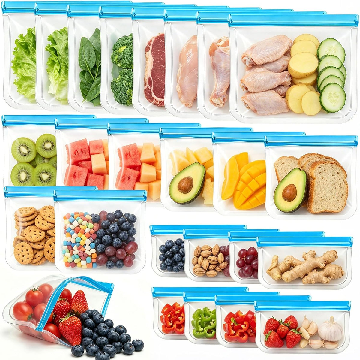 12 Pack Silicone Bags for Food Storage,Freezer & Dishwasher Safe,Leakproof Food Storage Bags,Reusable Freezer Ziploc Bags,Sandwich Snack Baggies-4 Gallon 4 Snack 4 Sandwich Bags,3 Colors