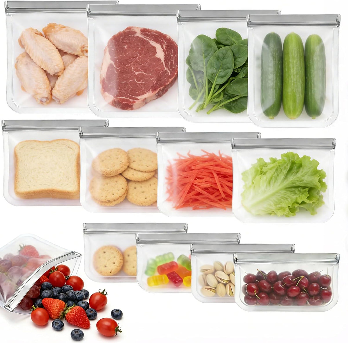 12 Pack Silicone Bags for Food Storage,Freezer & Dishwasher Safe,Leakproof Food Storage Bags,Reusable Freezer Ziploc Bags,Sandwich Snack Baggies-4 Gallon 4 Snack 4 Sandwich Bags,3 Colors