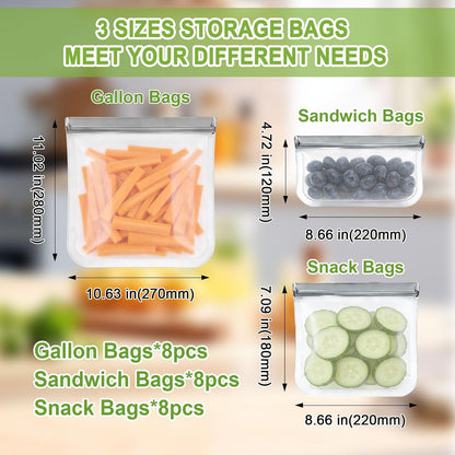 12 Pack Silicone Bags for Food Storage,Freezer & Dishwasher Safe,Leakproof Food Storage Bags,Reusable Freezer Ziploc Bags,Sandwich Snack Baggies-4 Gallon 4 Snack 4 Sandwich Bags,3 Colors