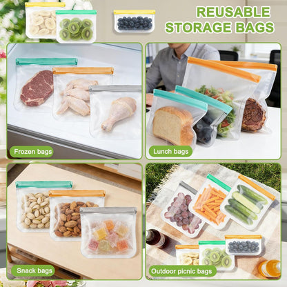 12 Pack Silicone Bags for Food Storage,Freezer & Dishwasher Safe,Leakproof Food Storage Bags,Reusable Freezer Ziploc Bags,Sandwich Snack Baggies-4 Gallon 4 Snack 4 Sandwich Bags,3 Colors