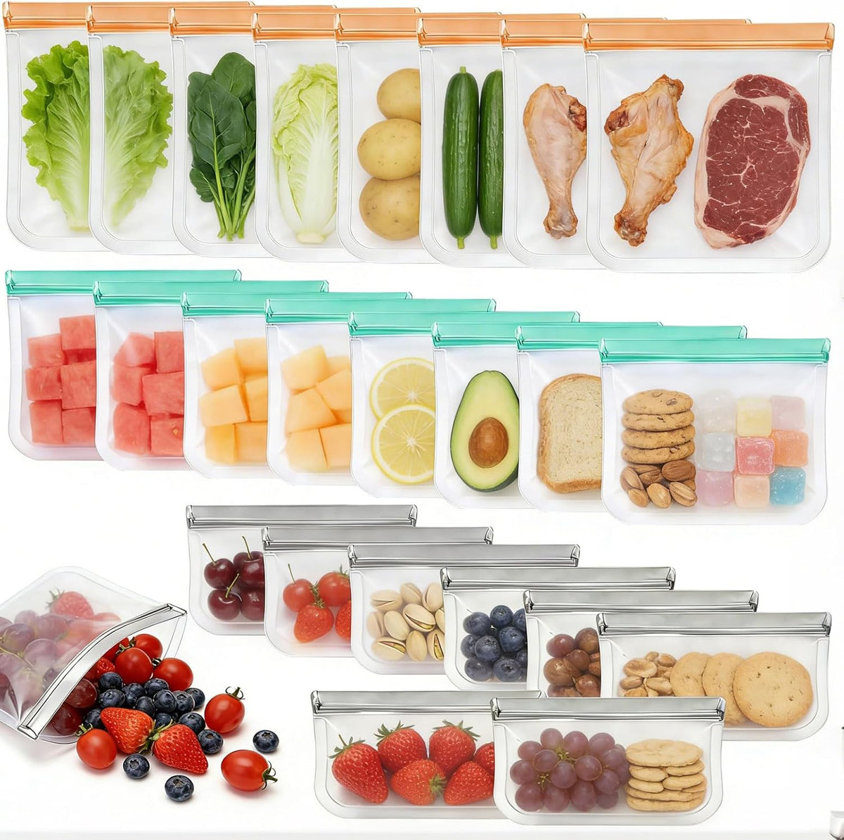 12 Pack Silicone Bags for Food Storage,Freezer & Dishwasher Safe,Leakproof Food Storage Bags,Reusable Freezer Ziploc Bags,Sandwich Snack Baggies-4 Gallon 4 Snack 4 Sandwich Bags,3 Colors