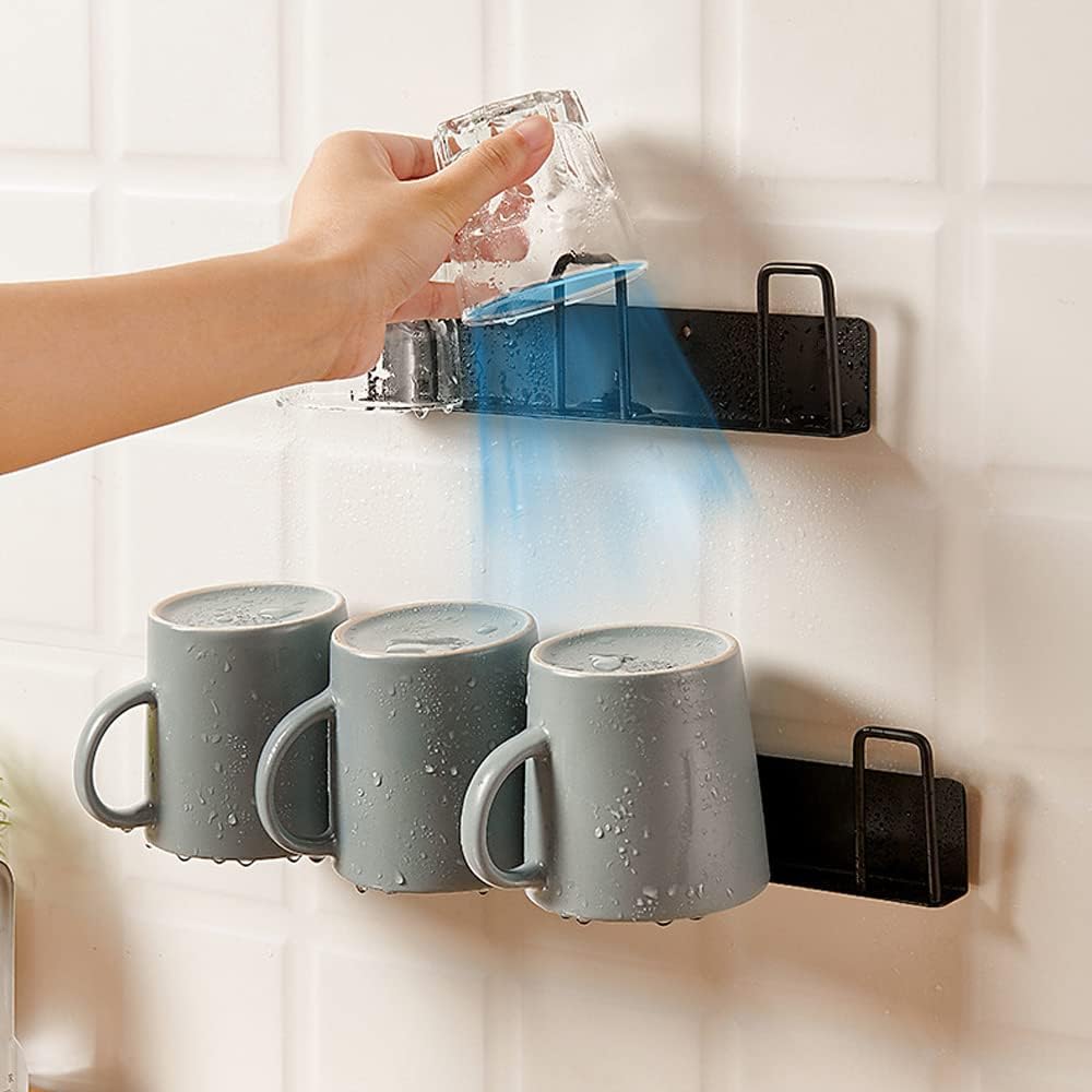 2pcs Mug Hooks Wall-Mounted Mug Holder, Coffee Cups Holder Hanger no Drilling,Mug Rack Hooks with 4 Cup Holders,RV Must Haves Cups Storage Hooks for Kitchen,Living Room,Office (Black)