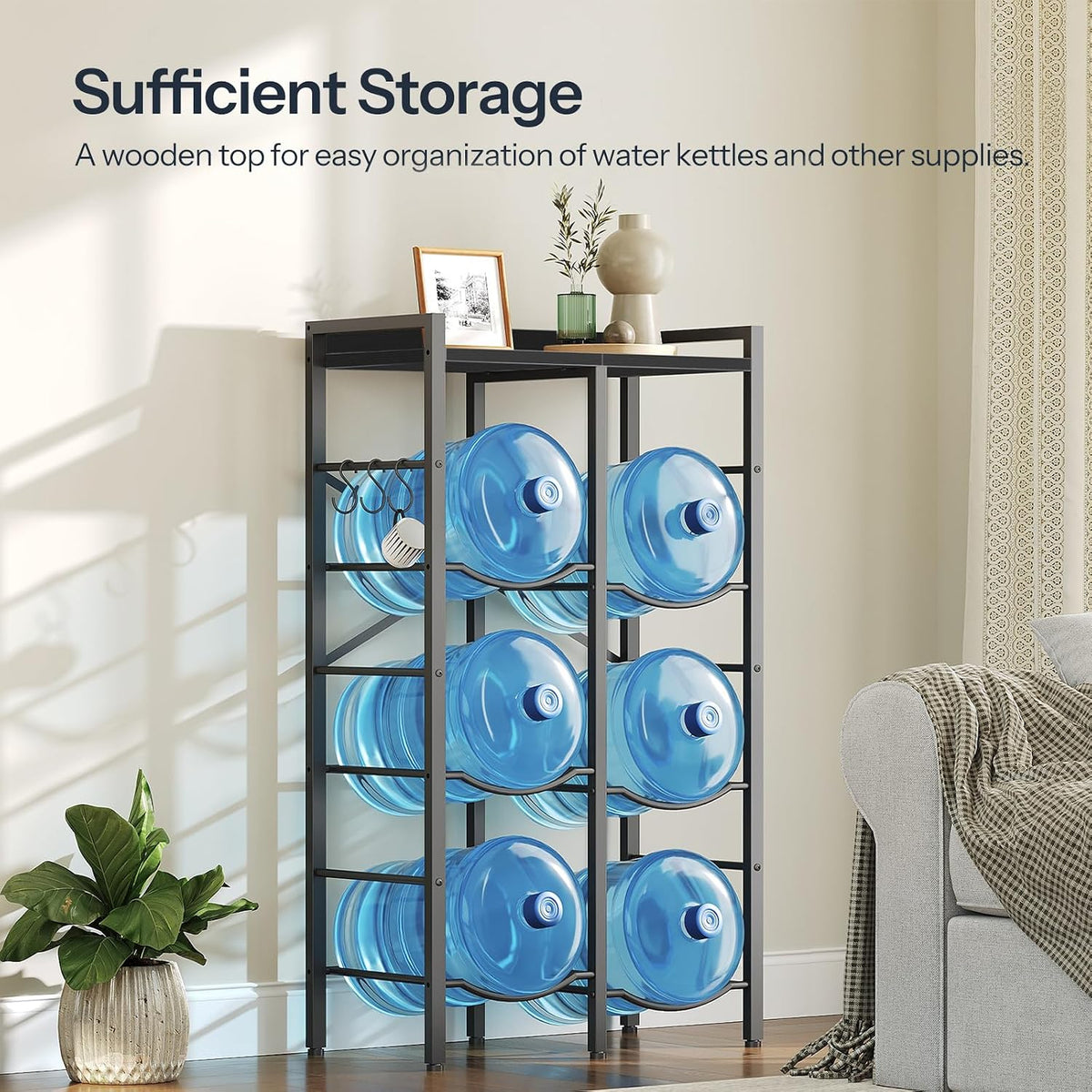 5 Gallon Water Jug Holder 6 Bottles, Water Jug Rack, 3 Tier Water Bottle Holder with X-Shape Reinforcement, for Kitchen, Living Room, Office, Rustic Brown and Black BF03ST01