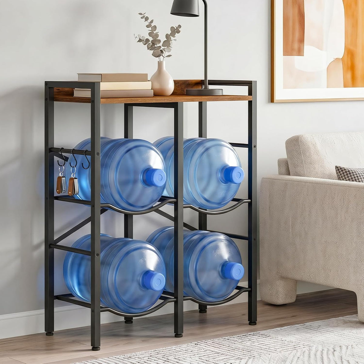 5 Gallon Water Jug Holder 6 Bottles, Water Jug Rack, 3 Tier Water Bottle Holder with X-Shape Reinforcement, for Kitchen, Living Room, Office, Rustic Brown and Black BF03ST01