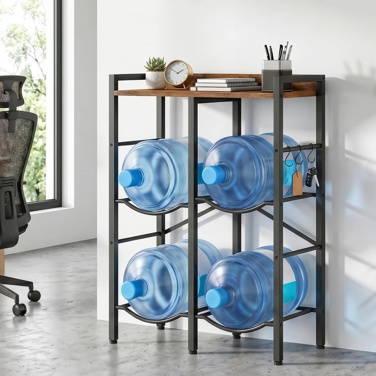 5 Gallon Water Jug Holder 6 Bottles, Water Jug Rack, 3 Tier Water Bottle Holder with X-Shape Reinforcement, for Kitchen, Living Room, Office, Rustic Brown and Black BF03ST01