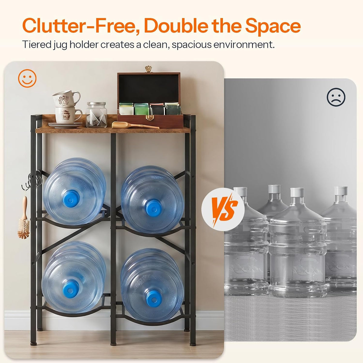 5 Gallon Water Jug Holder 6 Bottles, Water Jug Rack, 3 Tier Water Bottle Holder with X-Shape Reinforcement, for Kitchen, Living Room, Office, Rustic Brown and Black BF03ST01