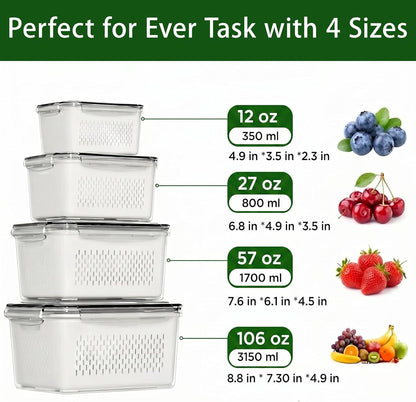4 Pack Fruit Storage Containers for Fridge with Removable Colanders，4 in 1 Produce Storage Containers with Lids, Leakproof Fridge Organizer Bins for Salad Berry Lettuce Vegetables Meat Keeper Fresh