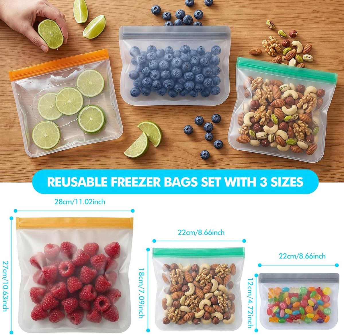 Reusable Freezer Bags, Leakproof Reusable Silicone Food Storage Bags BPA Free Contaizers, Snack Sandwich Gallon Bags for Meal Prep, Marinate Meat, Salad Fruit, Veggies, Lunch, Travel, Kitchen