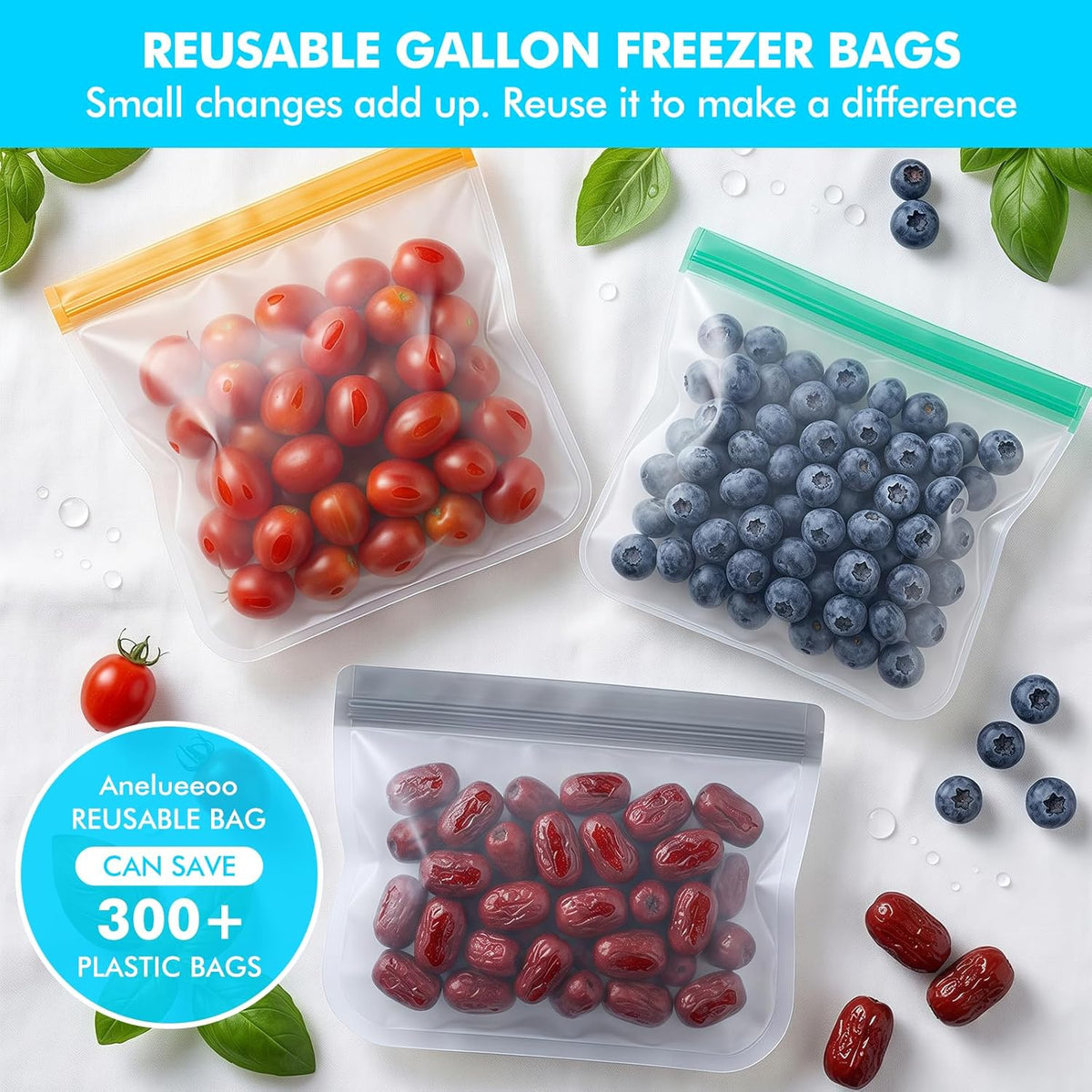 Reusable Freezer Bags, Leakproof Reusable Silicone Food Storage Bags BPA Free Contaizers, Snack Sandwich Gallon Bags for Meal Prep, Marinate Meat, Salad Fruit, Veggies, Lunch, Travel, Kitchen