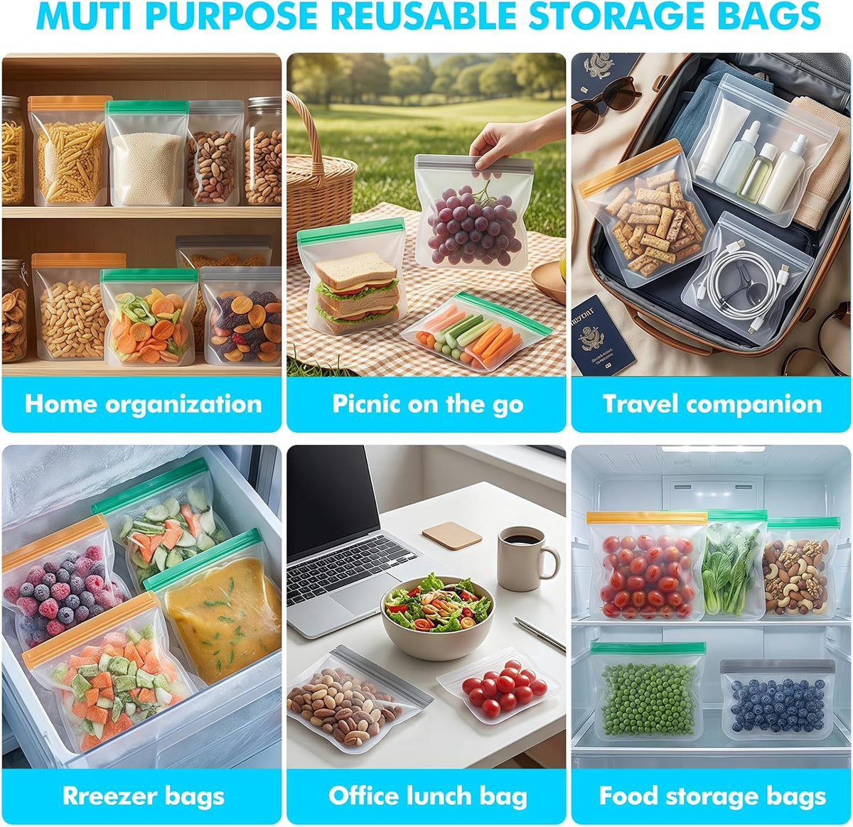 Reusable Freezer Bags, Leakproof Reusable Silicone Food Storage Bags BPA Free Contaizers, Snack Sandwich Gallon Bags for Meal Prep, Marinate Meat, Salad Fruit, Veggies, Lunch, Travel, Kitchen