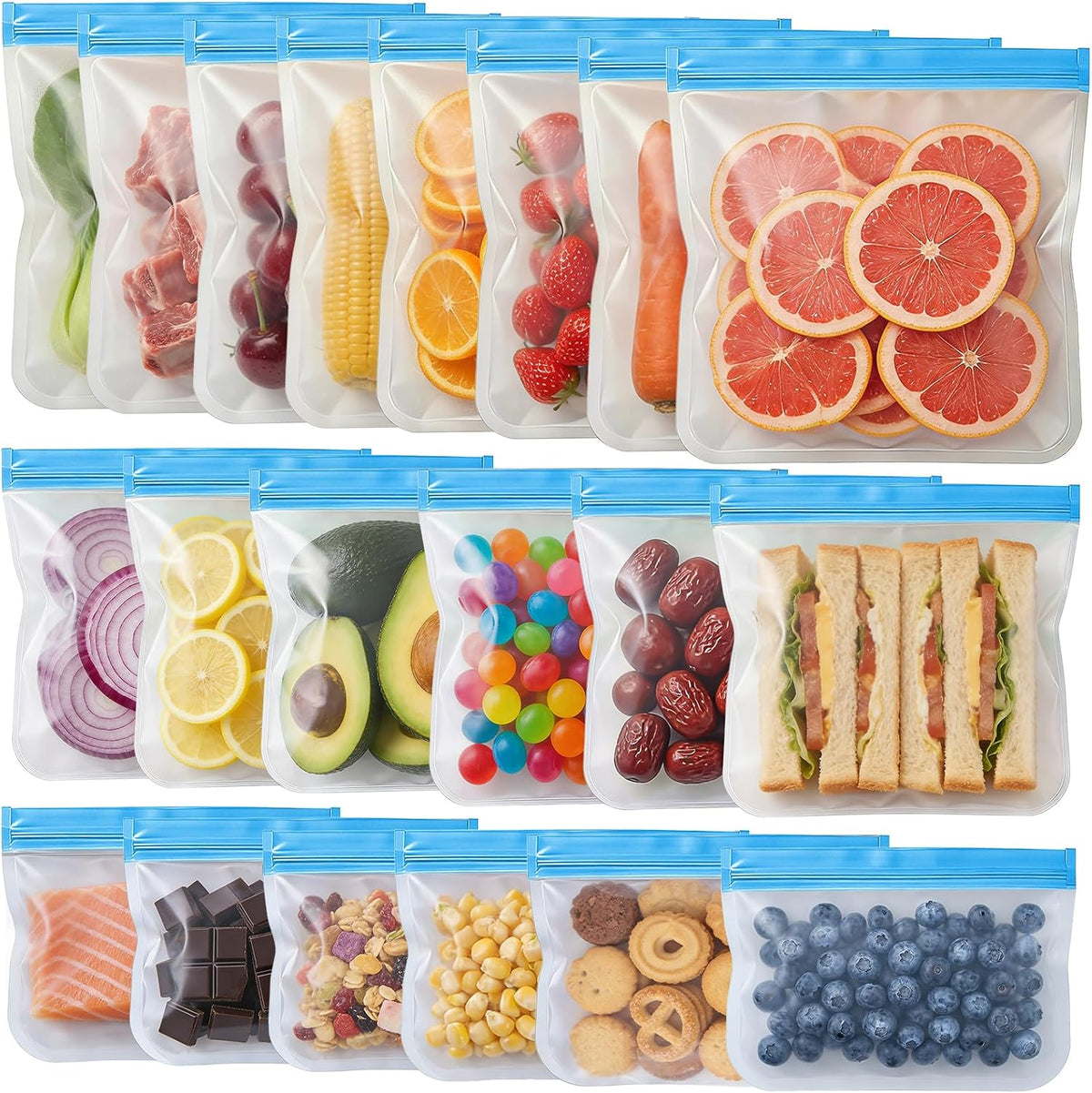 Reusable Freezer Bags, Leakproof Reusable Silicone Food Storage Bags BPA Free Contaizers, Snack Sandwich Gallon Bags for Meal Prep, Marinate Meat, Salad Fruit, Veggies, Lunch, Travel, Kitchen