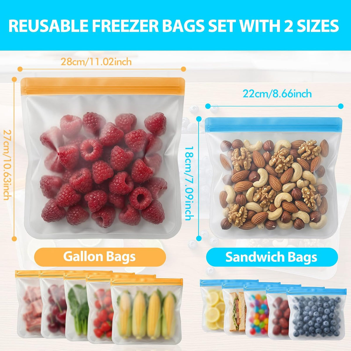 Reusable Freezer Bags, Leakproof Reusable Silicone Food Storage Bags BPA Free Contaizers, Snack Sandwich Gallon Bags for Meal Prep, Marinate Meat, Salad Fruit, Veggies, Lunch, Travel, Kitchen