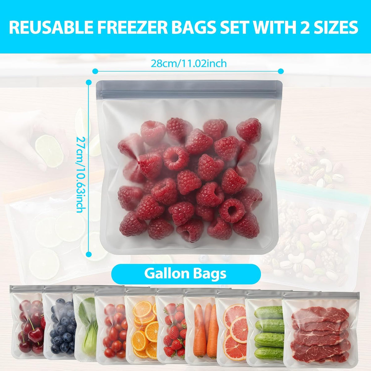 Reusable Freezer Bags, Leakproof Reusable Silicone Food Storage Bags BPA Free Contaizers, Snack Sandwich Gallon Bags for Meal Prep, Marinate Meat, Salad Fruit, Veggies, Lunch, Travel, Kitchen