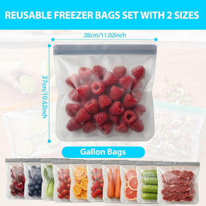 Reusable Freezer Bags, Leakproof Reusable Silicone Food Storage Bags BPA Free Contaizers, Snack Sandwich Gallon Bags for Meal Prep, Marinate Meat, Salad Fruit, Veggies, Lunch, Travel, Kitchen