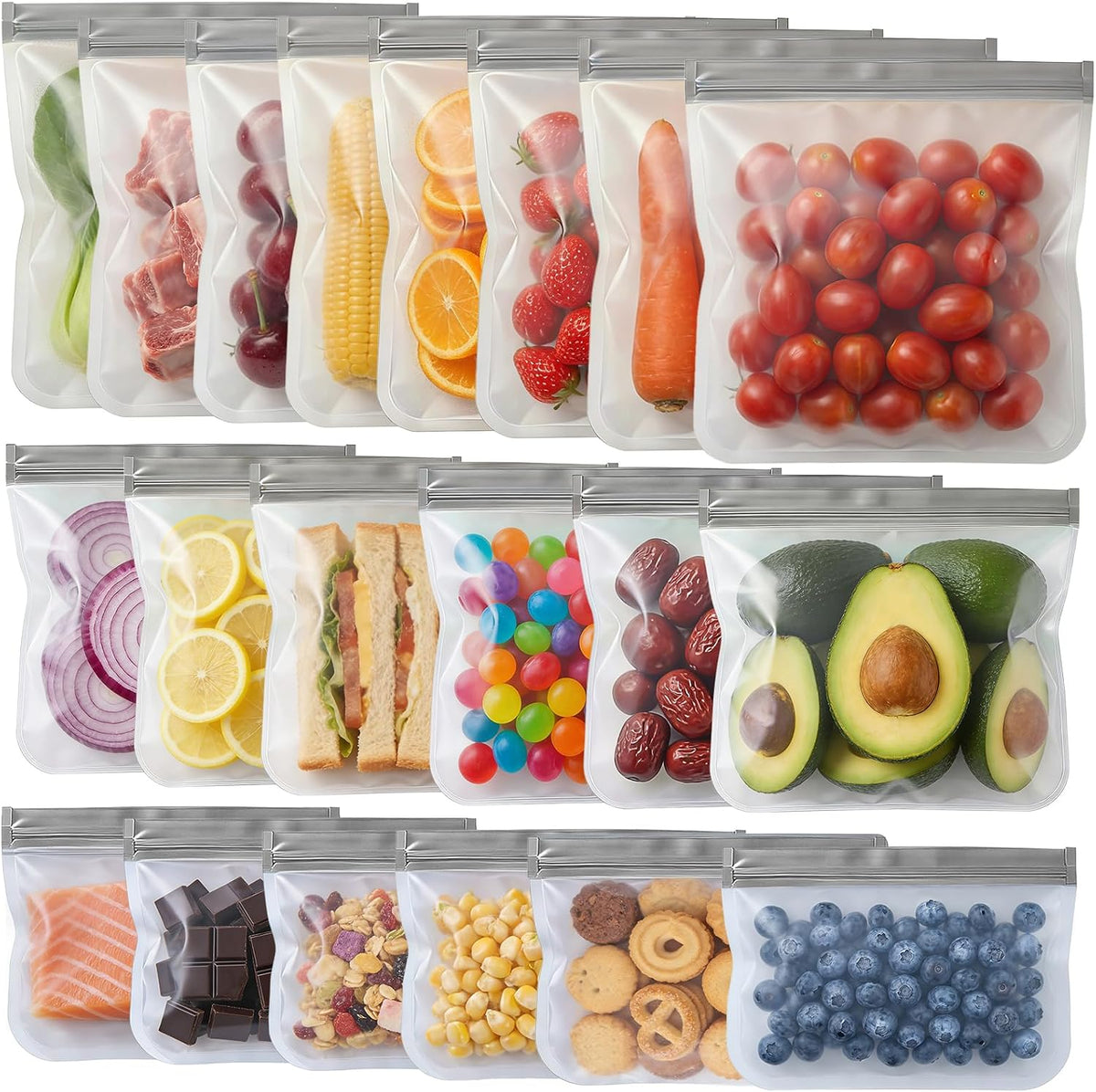 Reusable Freezer Bags, Leakproof Reusable Silicone Food Storage Bags BPA Free Contaizers, Snack Sandwich Gallon Bags for Meal Prep, Marinate Meat, Salad Fruit, Veggies, Lunch, Travel, Kitchen