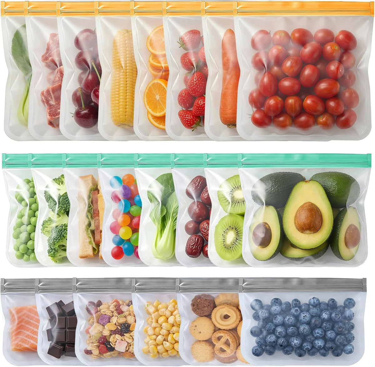 Reusable Freezer Bags, Leakproof Reusable Silicone Food Storage Bags BPA Free Contaizers, Snack Sandwich Gallon Bags for Meal Prep, Marinate Meat, Salad Fruit, Veggies, Lunch, Travel, Kitchen