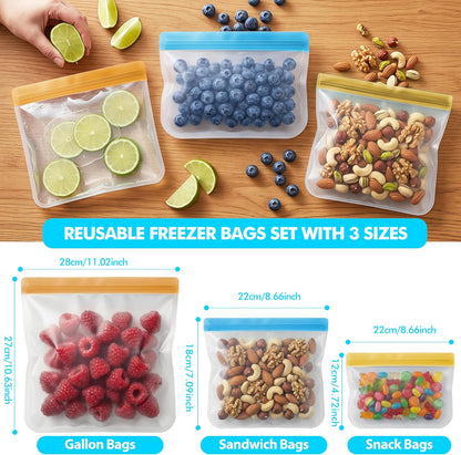 Reusable Freezer Bags, Leakproof Reusable Silicone Food Storage Bags BPA Free Contaizers, Snack Sandwich Gallon Bags for Meal Prep, Marinate Meat, Salad Fruit, Veggies, Lunch, Travel, Kitchen
