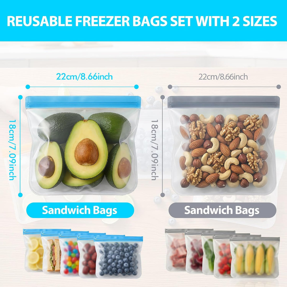 Reusable Freezer Bags, Leakproof Reusable Silicone Food Storage Bags BPA Free Contaizers, Snack Sandwich Gallon Bags for Meal Prep, Marinate Meat, Salad Fruit, Veggies, Lunch, Travel, Kitchen