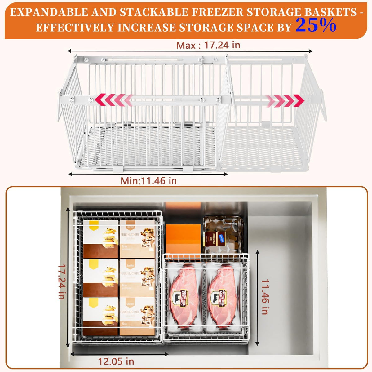 Large Freezer Organizer Bins，Upgraded Bottom Leak-Proof net，Fit 10 to 20 Cu.Ft Deep Freezer，2Pack， Expandable Stackable Chest Freezer Organizer Bins , for Fridge, Deep Freezer, Cabinet（White）